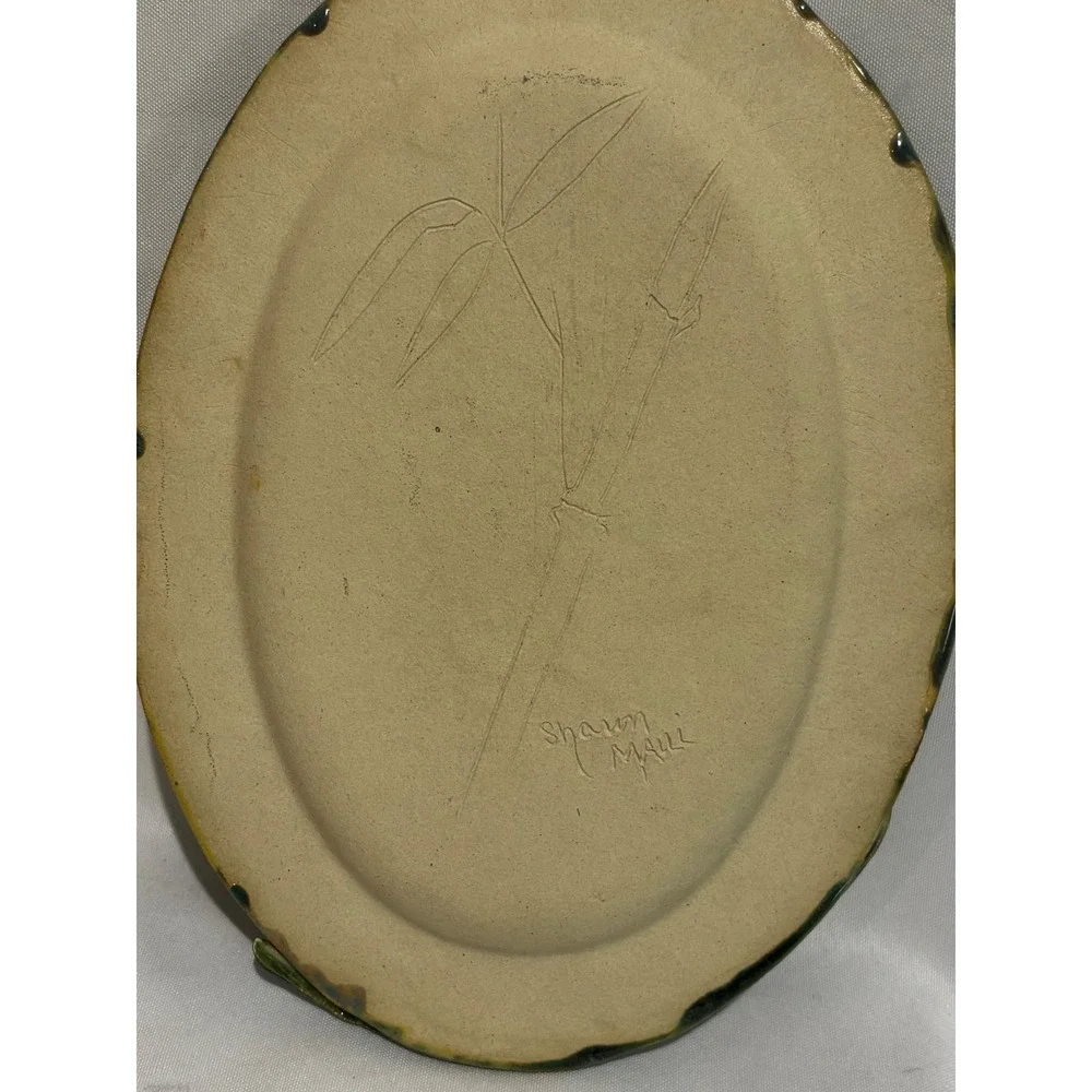 Shaun Malli Pottery Oval Ceramic Platter Teal Brown Bamboo Etched 11.5